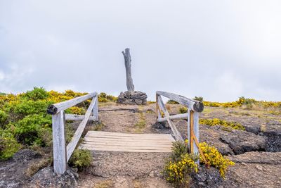 Built structure on rock against sky