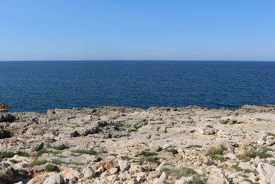 Scenic view of sea against clear blue sky