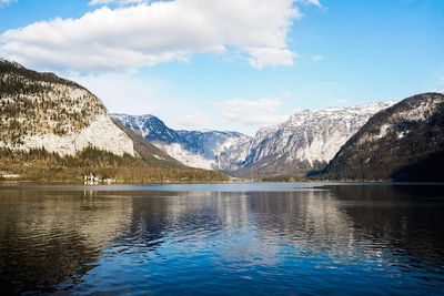 Scenic view of lake by snowcapped mountains against sky