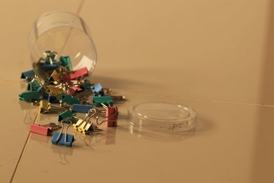 High angle view of bottles on table