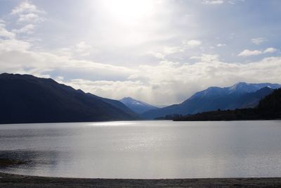 Scenic view of lake and mountains against sky