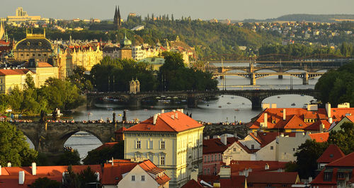 High angle view of bridges over vltava river in city