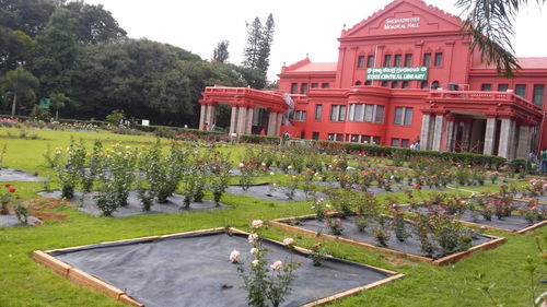 View of park in front of building