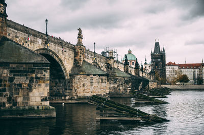 Bridge over river against buildings in city