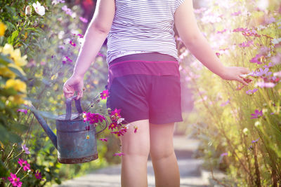 Midsection of woman holding pink flower pot