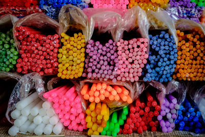 High angle view of colorful candies for sale in shop