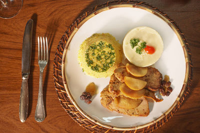 High angle view of food in plate on table