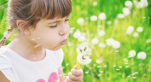 Close-up of young woman blowing dandelion