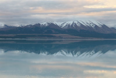 Scenic view of snowcapped mountains against sky during sunset