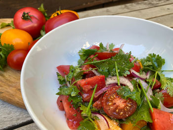 Close-up of salad in bowl on table