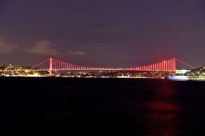 Illuminated suspension bridge over river at night