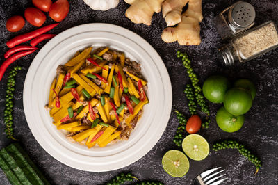 High angle view of fruits and vegetables on table