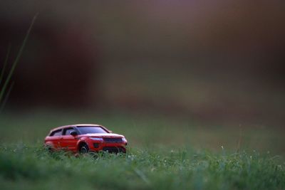 Toy car on field