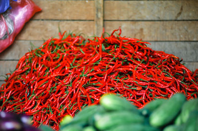 High angle view of red chili peppers