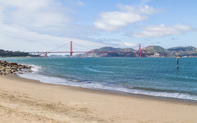 View of suspension bridge over sea