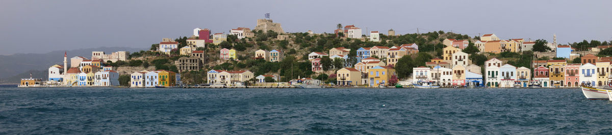 Panoramic view of sea and buildings against clear sky