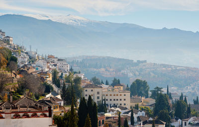 View of townscape against mountain