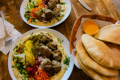 High angle view of breakfast served on table