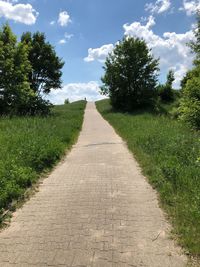 Empty road along plants and trees against sky