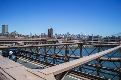 Bridge against clear blue sky in city