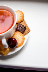 High angle view of breakfast served on table