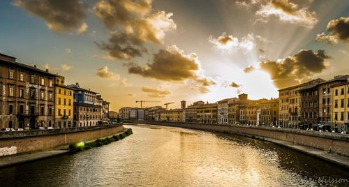 Buildings in city at sunset