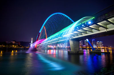 Illuminated ferris wheel in city against clear sky at night