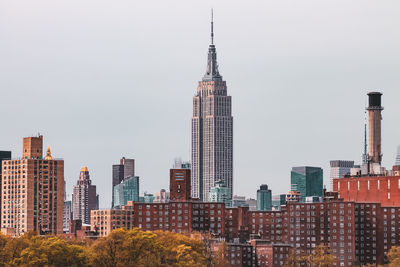 Modern buildings in city against clear sky