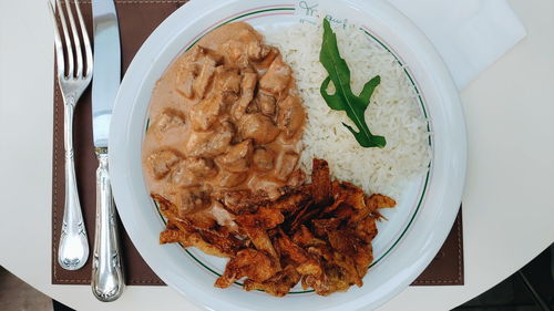 High angle view of food in plate on table