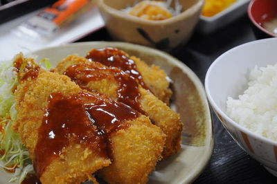 Close-up of food served on table