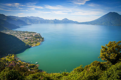 Scenic view of lake and mountains against sky