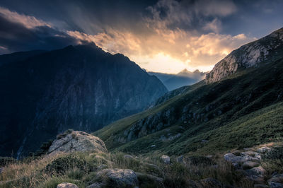 Scenic view of mountains against sky during sunset