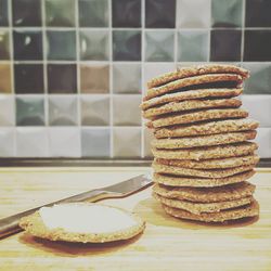 Close-up of food stacked on cutting board