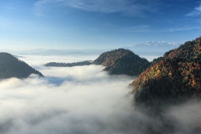 Scenic view of sea and mountains against sky