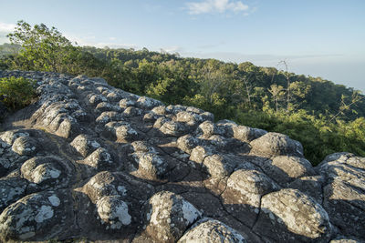 View of rocks on land against sky