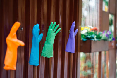 Colorful gloves on wooden wall