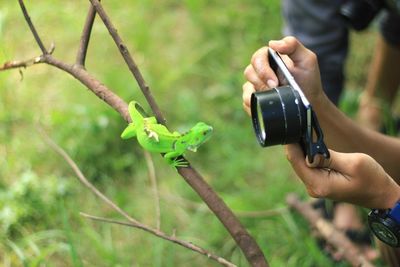 Close-up of man holding camera