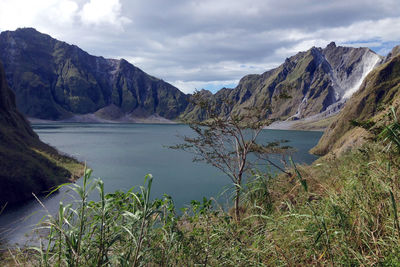 Scenic view of lake and mountains against sky