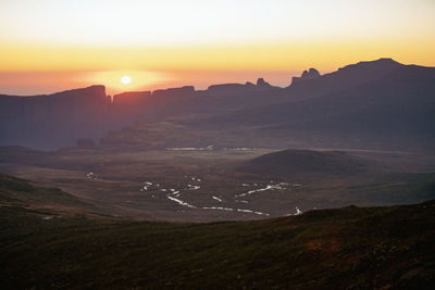 Scenic view of mountains against sky during sunset