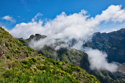 Scenic view of waterfall against sky