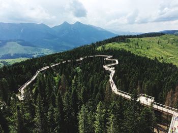 High angle view of green landscape against sky