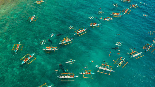 High angle view of boats in sea