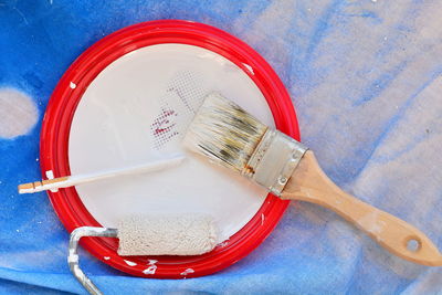 High angle view of paintbrushes on table