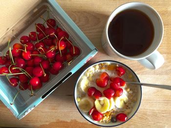 High angle view of breakfast on table