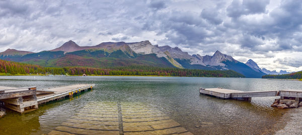 Scenic view of lake and mountains against sky