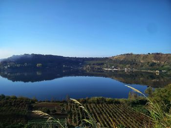 Scenic view of lake against clear blue sky