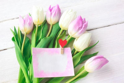 Close-up of pink tulip flowers on table
