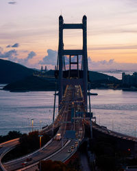 Suspension bridge over river against sky during sunset