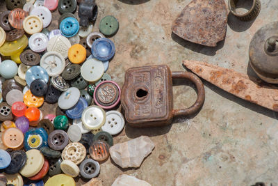 High angle view of various buttons