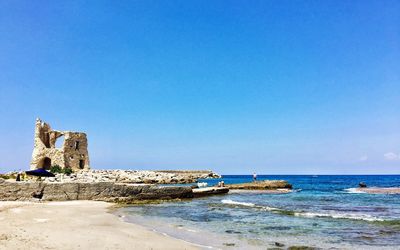 Scenic view of beach against clear blue sky